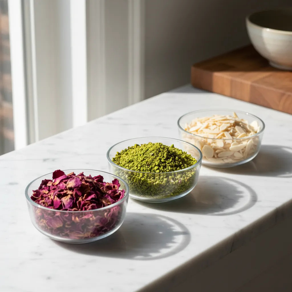Glass bowls containing pistachios and rose petals on a marble counter