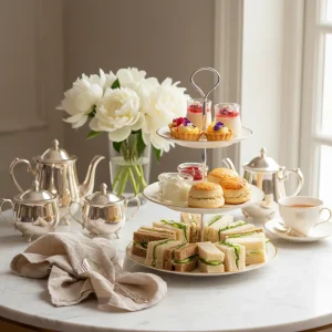 Elegant three-tiered stand with cucumber sandwiches and Earl Grey scones for a bridal shower tea party.