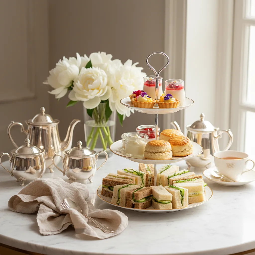 Elegant three-tiered stand with cucumber sandwiches and Earl Grey scones for a bridal shower tea party.