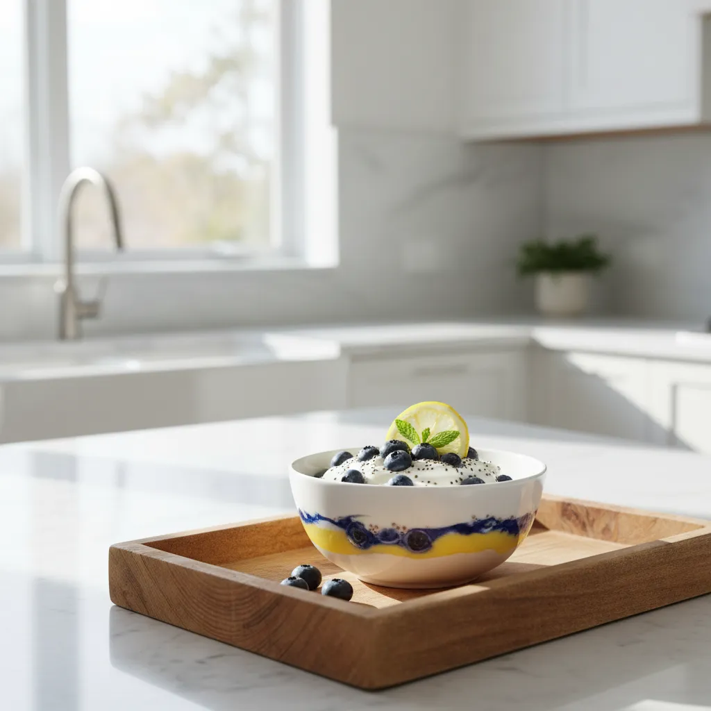 Bright lemon curd and blueberry chia pudding served in a modern, sunlit kitchen setting