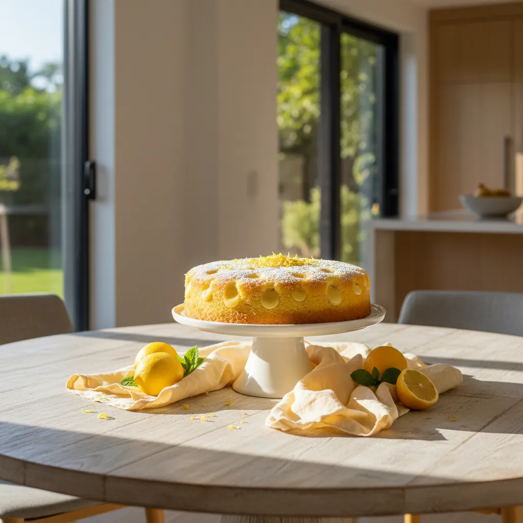 Lemon lush pudding poke cake on an elegant spring table setting