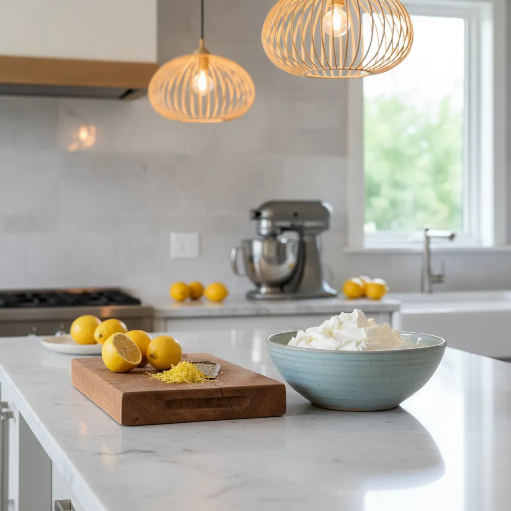 Fresh lemons and mascarpone cream cheese on a marble kitchen counter