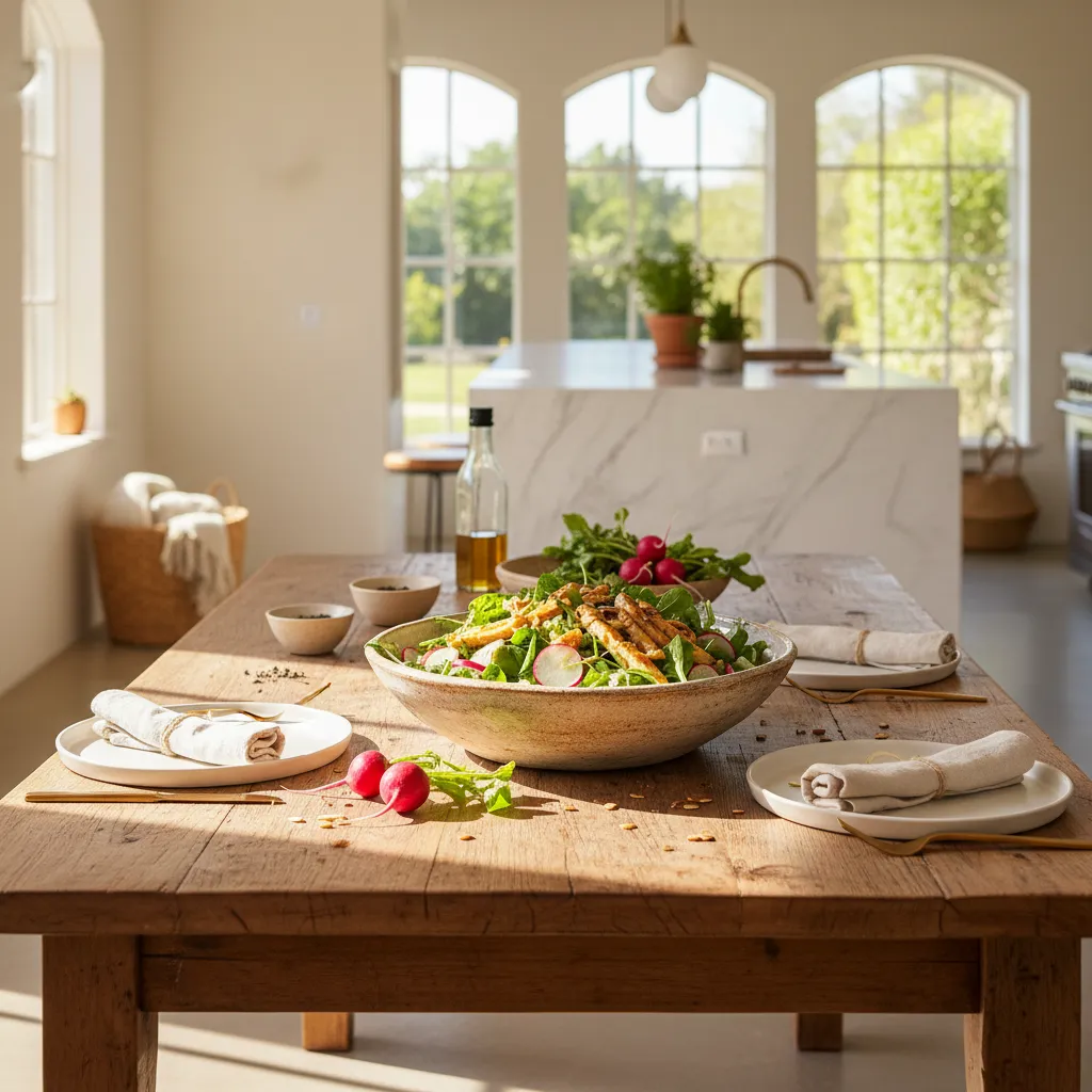 Rustic kitchen table setting with fresh spring salad and linen napkins