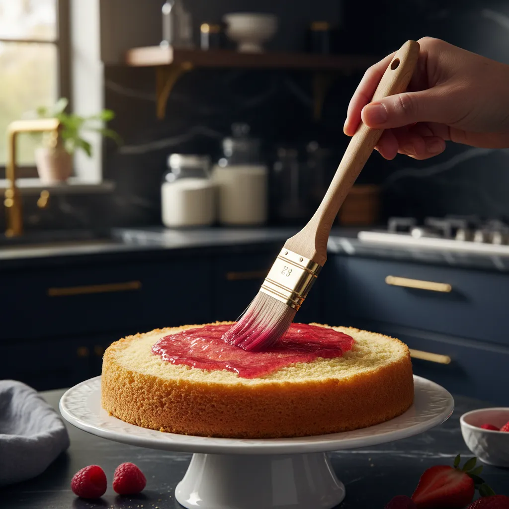 Applying fresh berry simple syrup to a sponge cake layer using a pastry brush