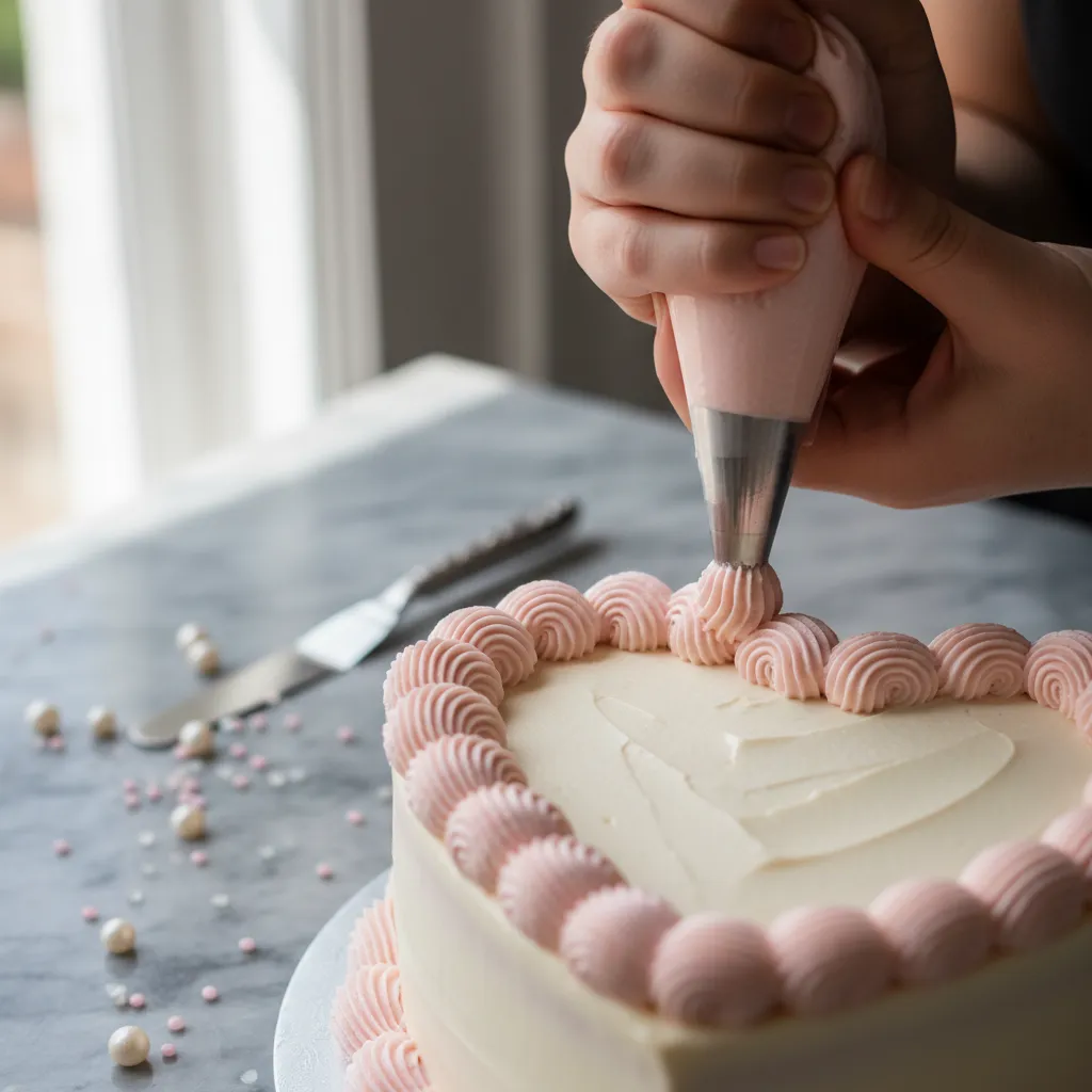 Close up of piping bag creating shell borders on a vintage cake