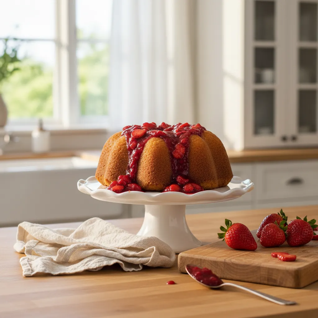 Elegant kitchen island displaying a fresh strawberry compote over pound cake