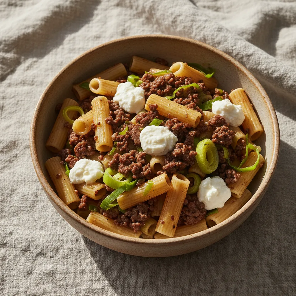 Ground beef and leek pasta with ricotta in a ceramic bowl