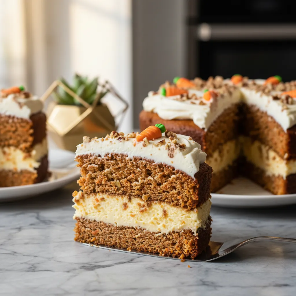 Close up shot of carrot cake poke cake layers on a marble counter