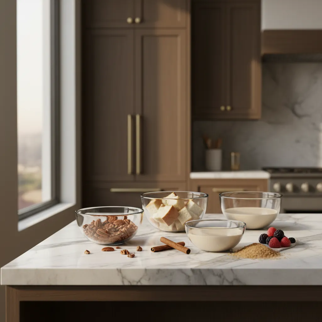 Kitchen prep station with raw ingredients for french toast casserole