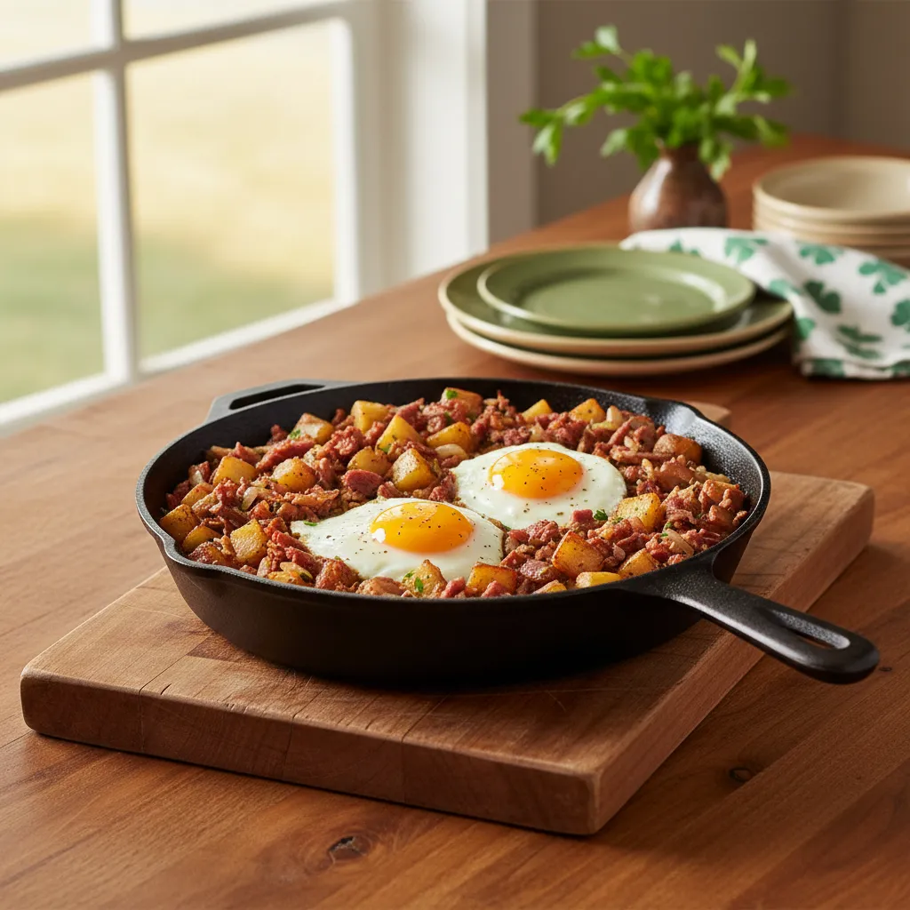 Rustic kitchen counter with heavy cast iron skillet cooking corned beef hash