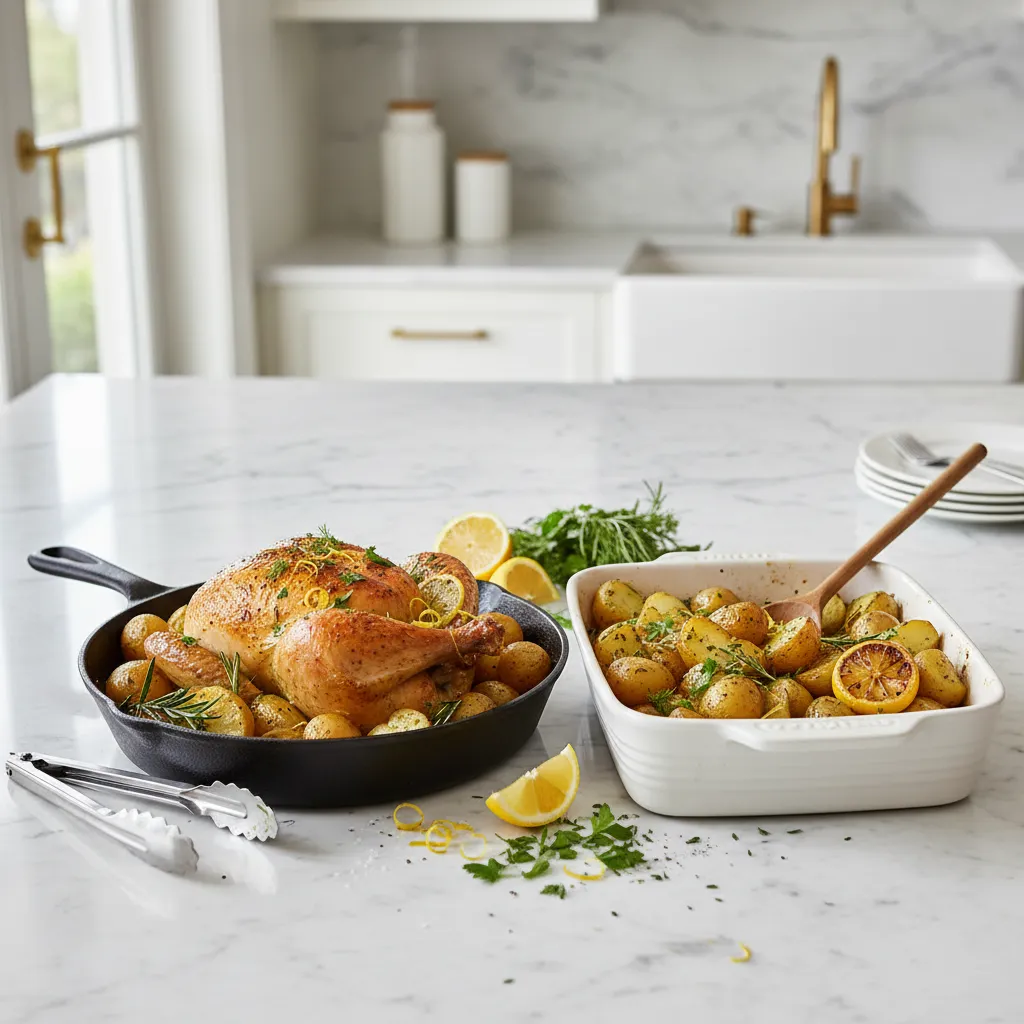 Cast iron skillet and ceramic baker on kitchen counter