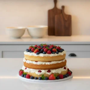 A professional-grade Chantilly cake made from box mix topped with fresh berries and mascarpone cream on a luxury kitchen counter.