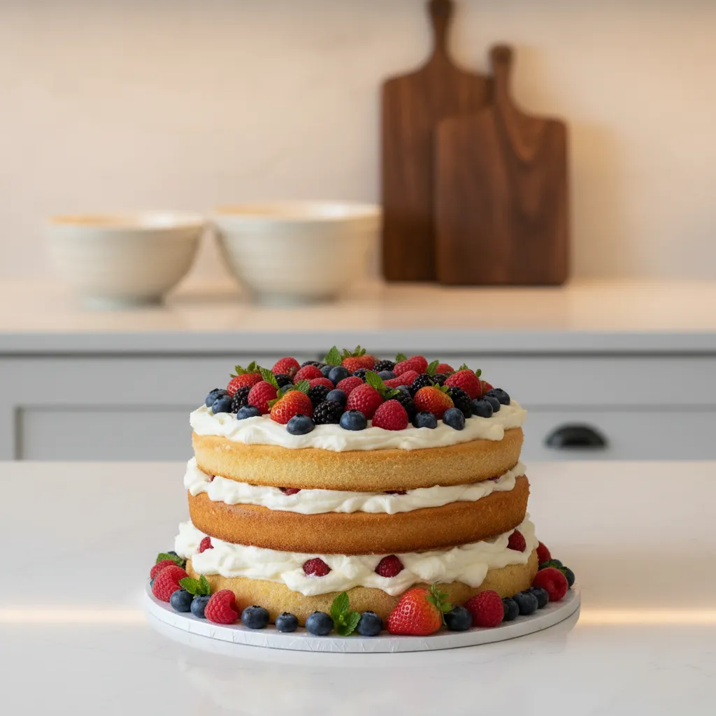 A professional-grade Chantilly cake made from box mix topped with fresh berries and mascarpone cream on a luxury kitchen counter.