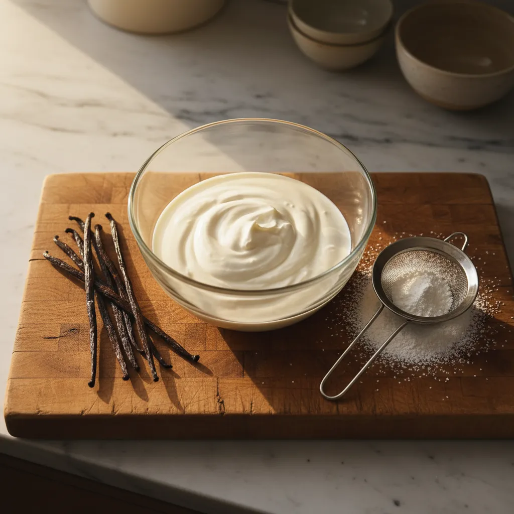 Raw ingredients for mascarpone chantilly cream including vanilla pods and heavy whipping cream