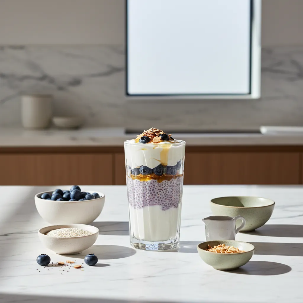 Close up of a layered fig and yogurt parfait on a marble countertop