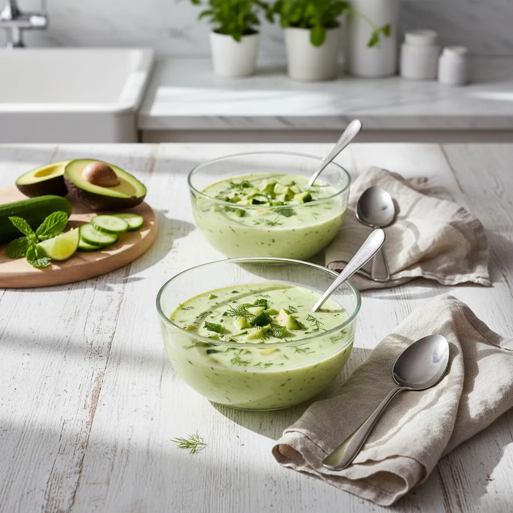 Overhead view of chilled avocado and cucumber soup served in elegant glass bowls on a wooden table