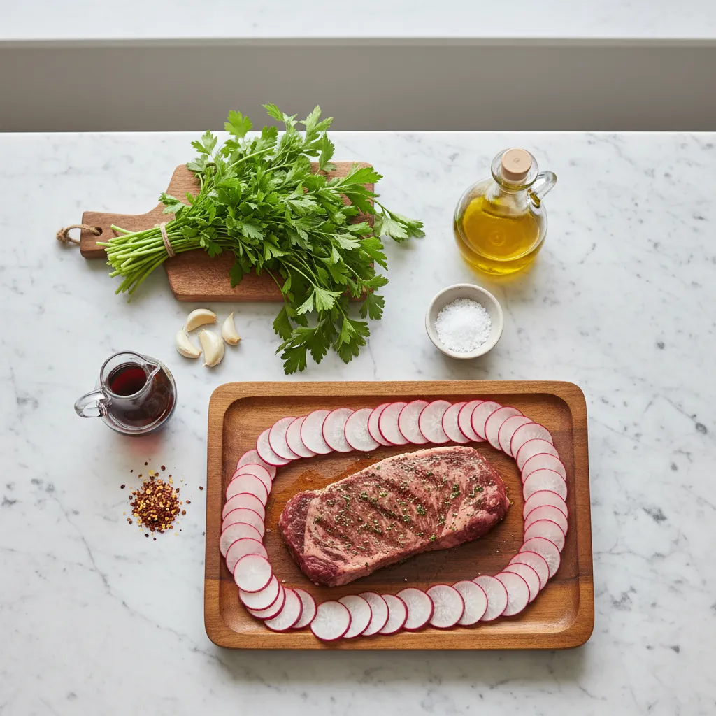 Ingredients for chimichurri marinade including parsley garlic and olive oil on marble