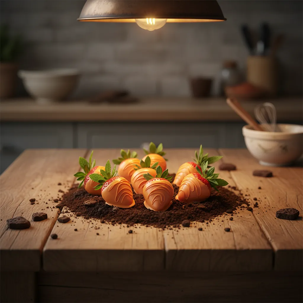 Orange chocolate dipped strawberries styled as carrots on a dessert table