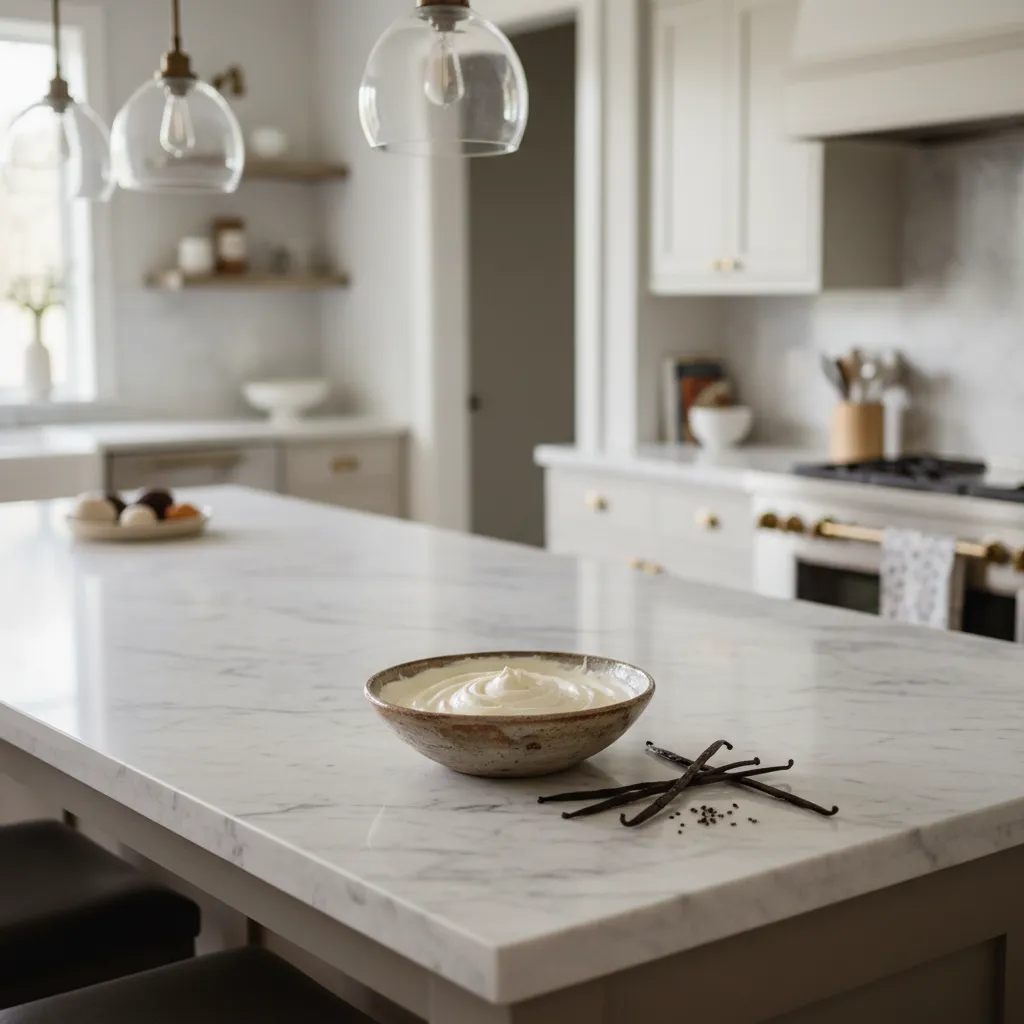 Rich vanilla bean cream cheese filling in a ceramic bowl on a marble kitchen island