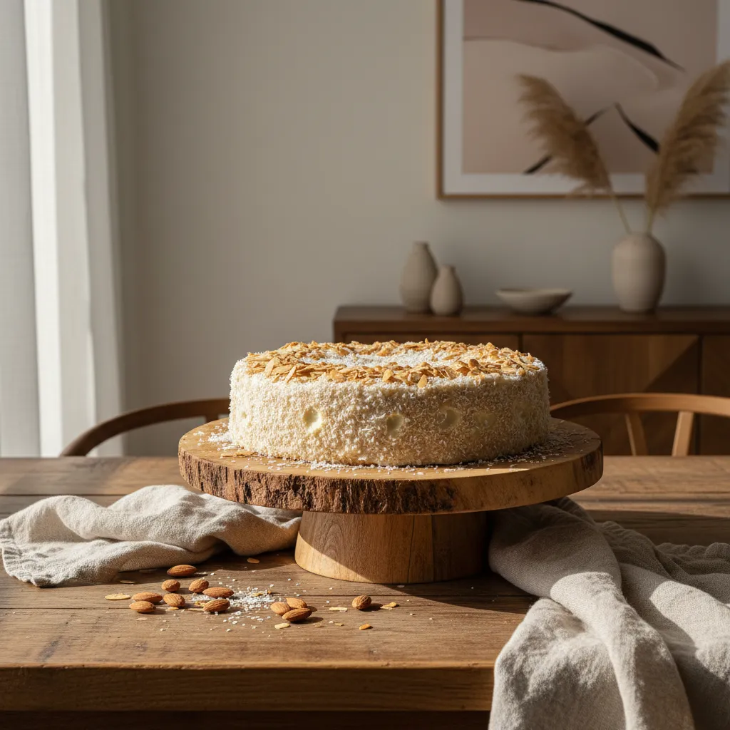 Elegant coconut cream poke cake displayed on a wooden cake stand with warm lighting