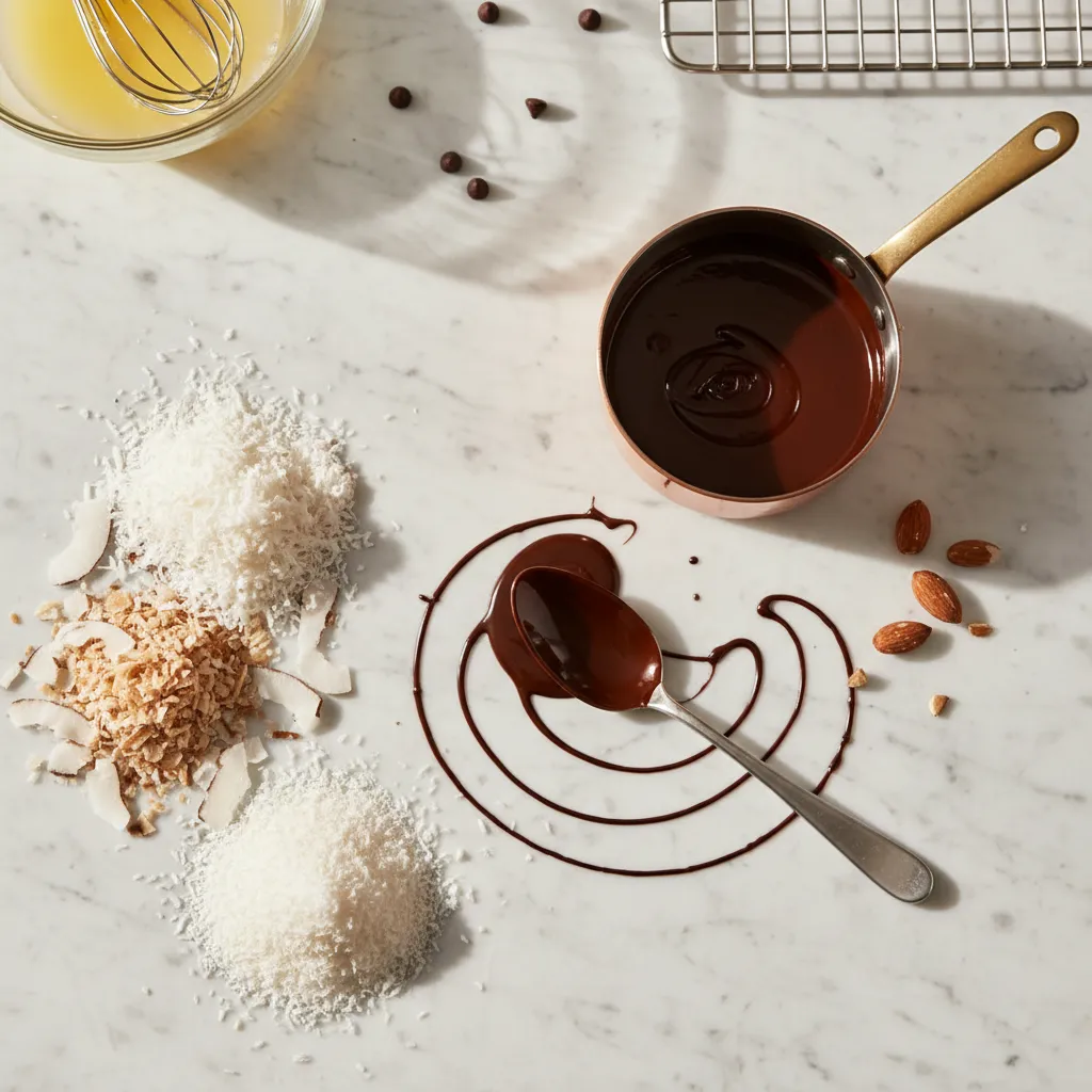 Comparison of coconut flakes and dark chocolate ingredients on marble surface