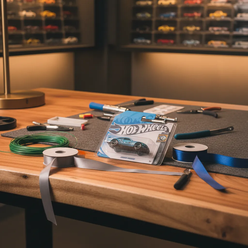 Pristine boxed toy car on a wooden table with crafting supplies