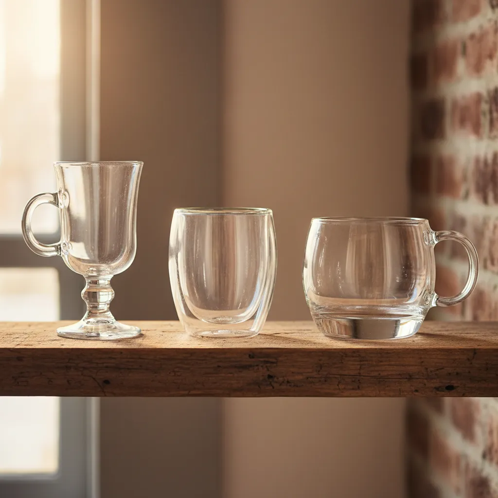 Different styles of glass coffee mugs on a wooden shelf