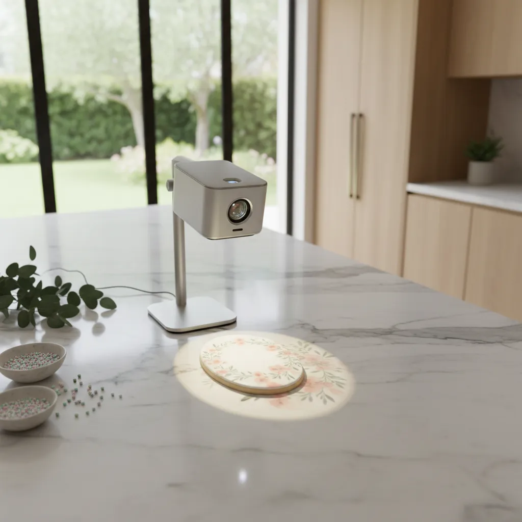 A sleek digital projector set up on a kitchen island over a blank cookie