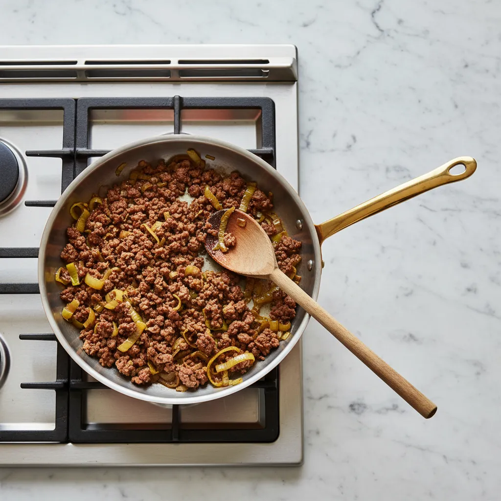 Sautéing ground beef and leeks in a copper pan