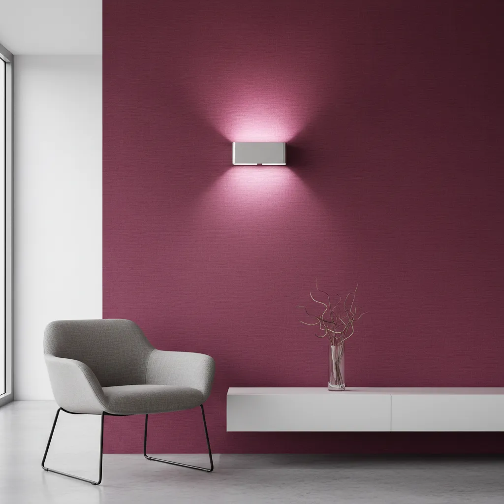 Wall sconce with cool light bulb against textured magenta wallpaper