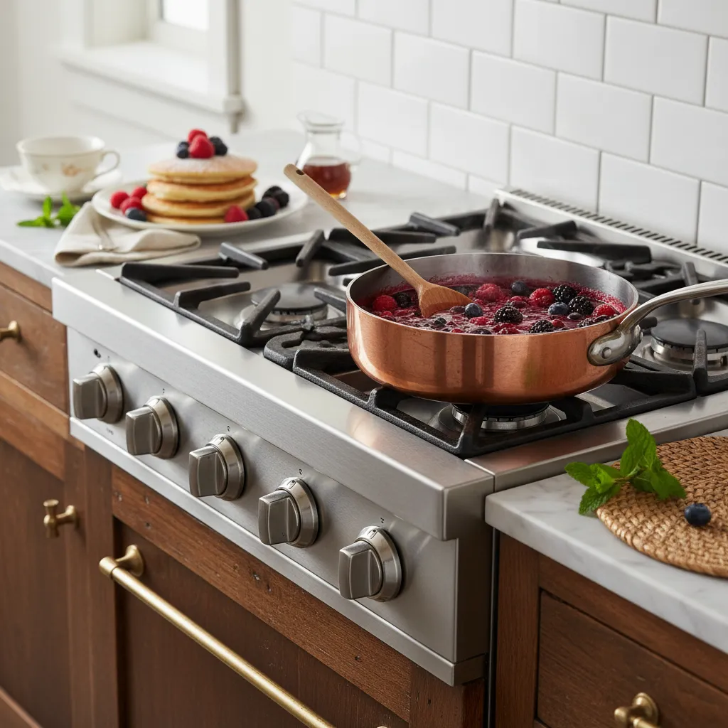 Copper saucepan simmering berry compote on a luxury gas stove