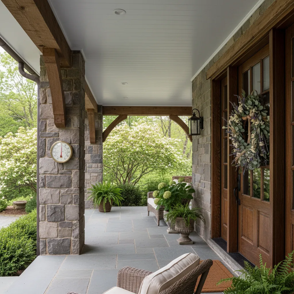 Side view of deep porch overhang protecting a preserved wreath