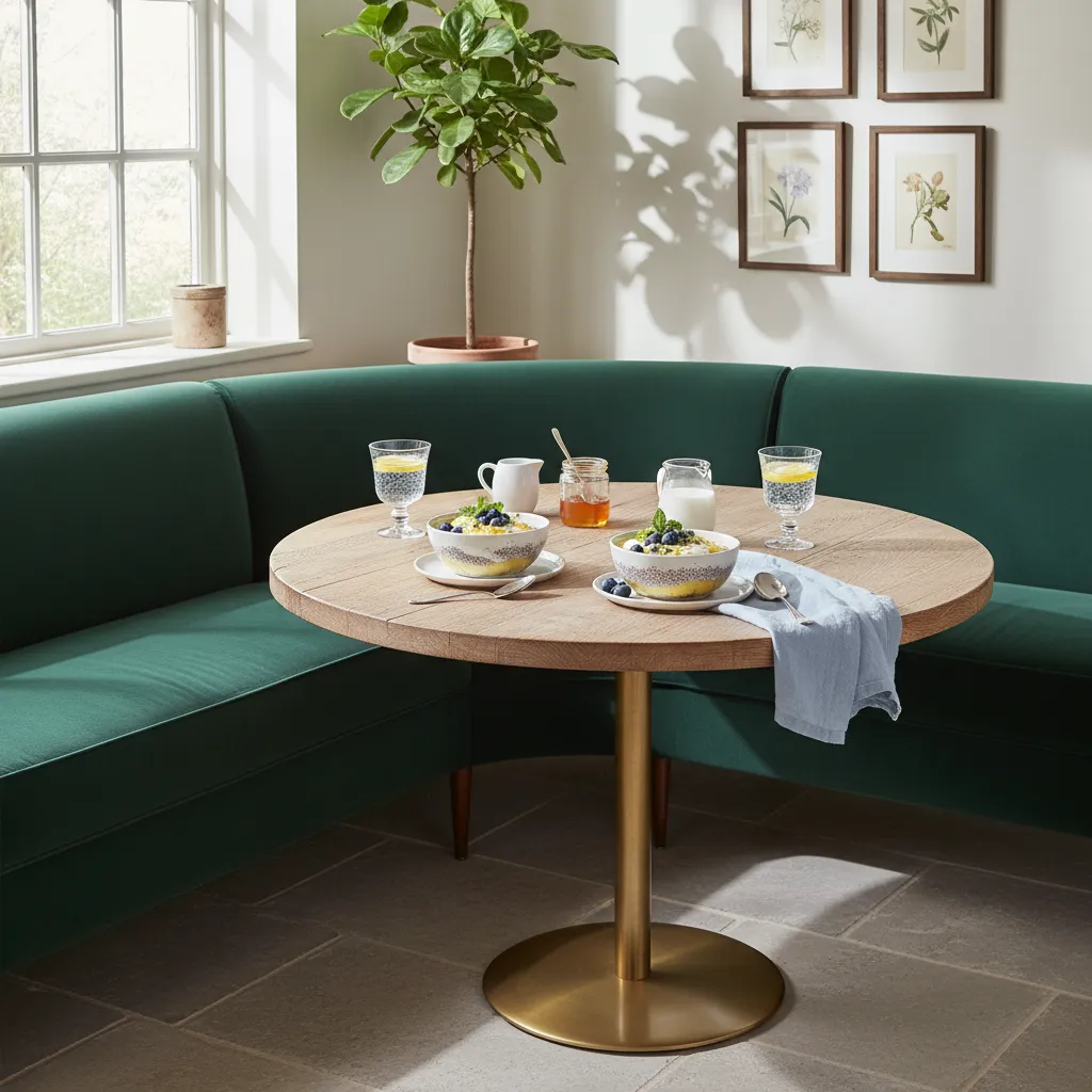 Cozy modern breakfast nook with velvet banquette and natural oak table