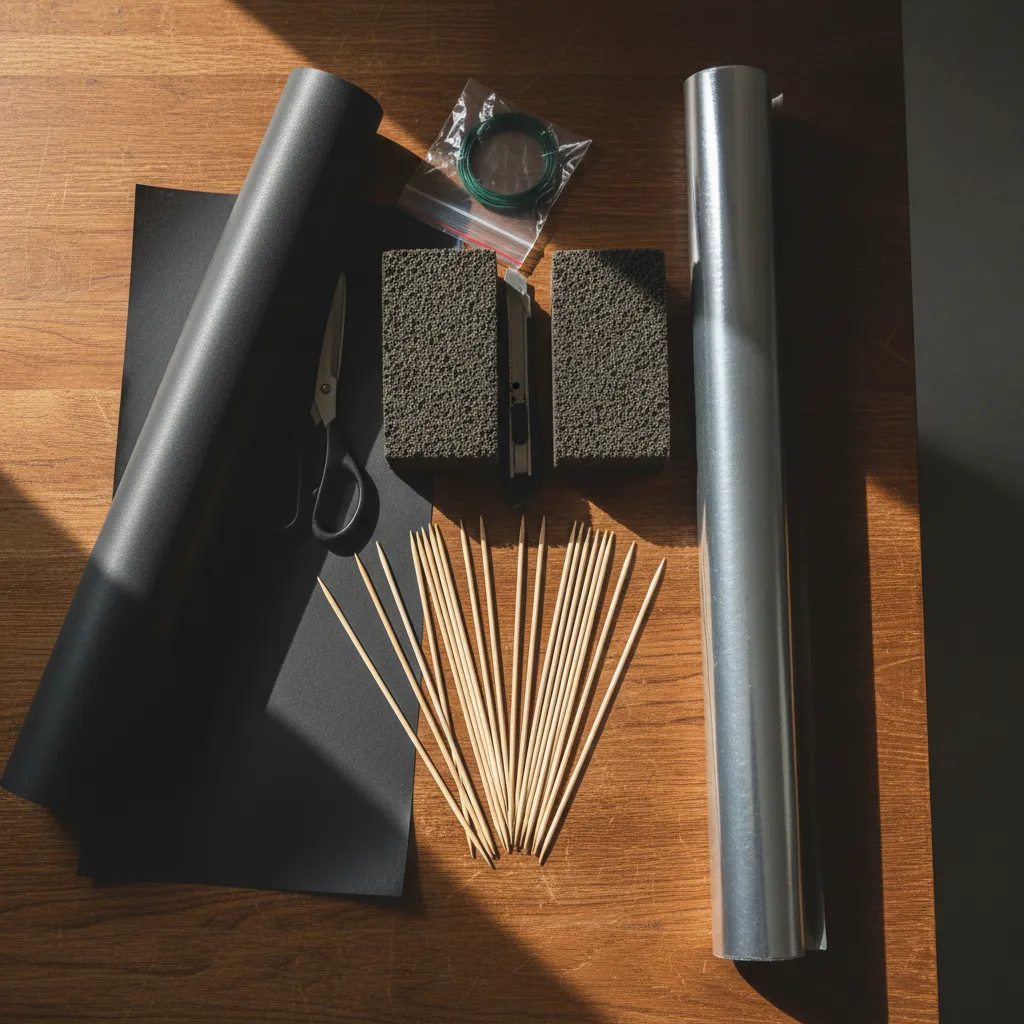Top-down view of bamboo skewers, floral foam, and wrapping paper on a wooden table