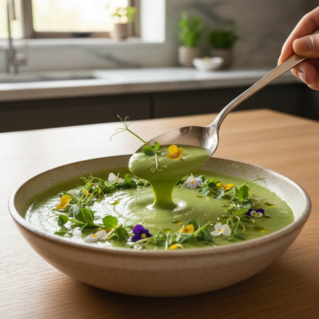 Close up of a spoon dipping into creamy avocado gazpacho showing the velvety texture and microgreen garnish