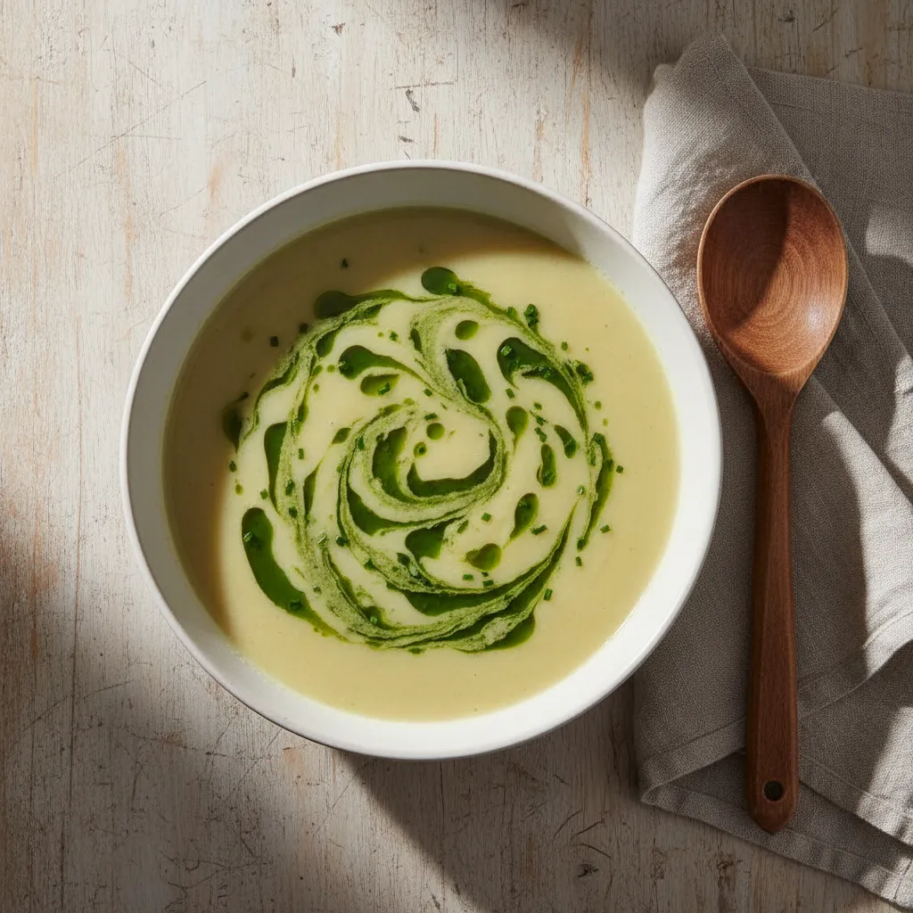 Bowl of creamy potato leek soup with green chive oil swirls on a rustic table