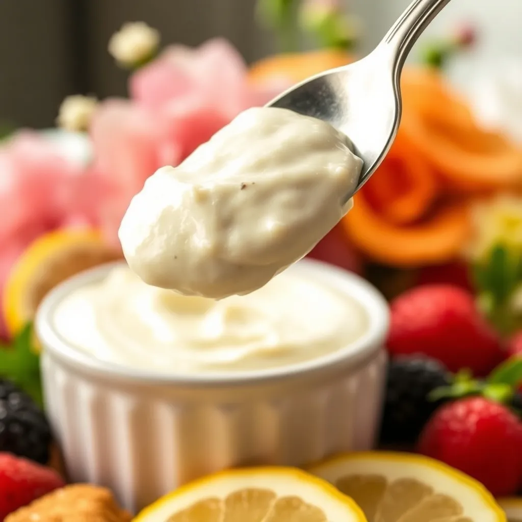 Close up of a silver spoon serving thick lemon cream dip