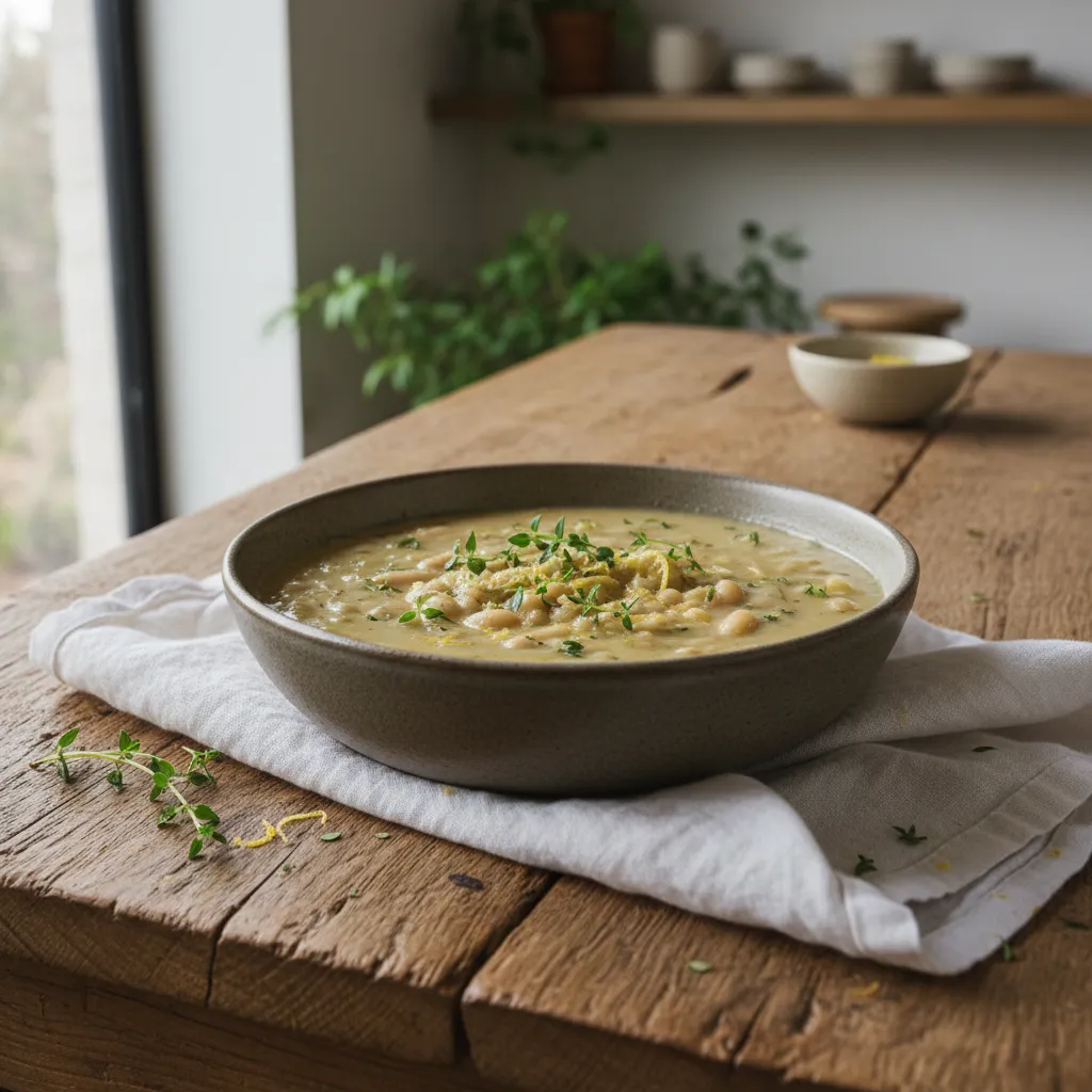 Rustic bowl of vegan artichoke and white bean chowder on a wooden table with fresh herbs