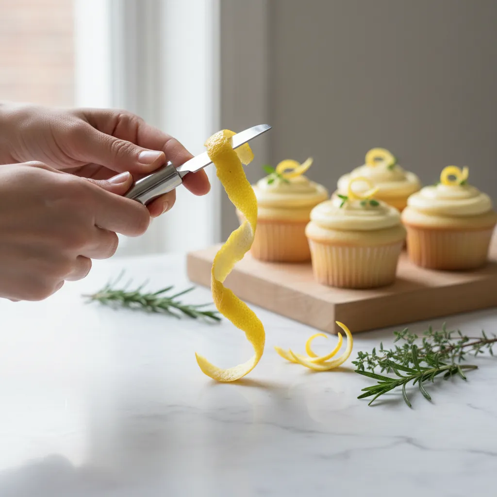 Stainless steel channel knife cutting lemon peel for cupcake garnish