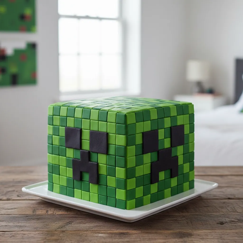 Close up of green and black fondant squares on a modern cake