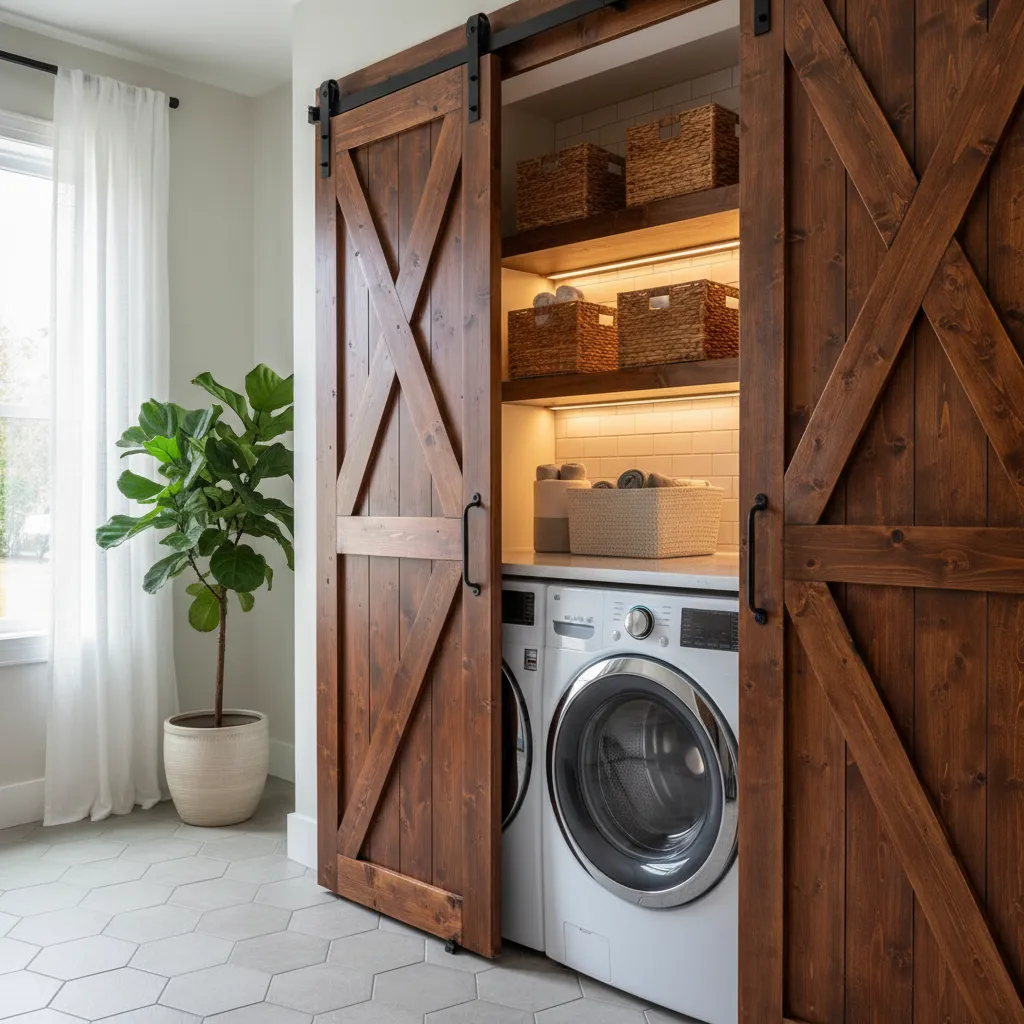 Custom wooden sliding barn doors concealing a top-loading washer in a modern laundry room