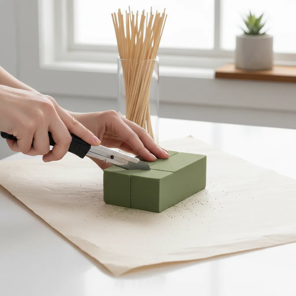 Craft knife slicing through dry floral foam on a white surface