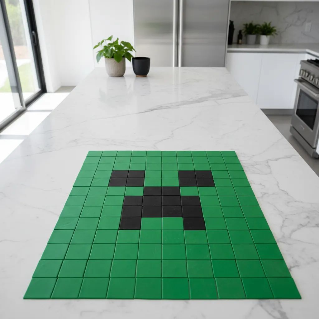 Green fondant squares cut perfectly on a marble surface