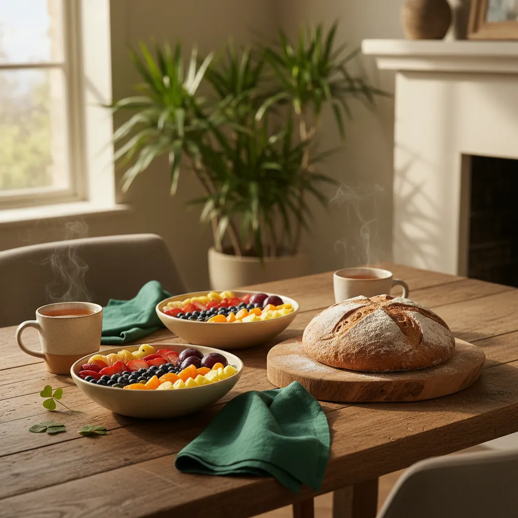 Rustic oak table setting featuring vibrant rainbow fruit bowls and classic Irish soda bread on a wood cutting board