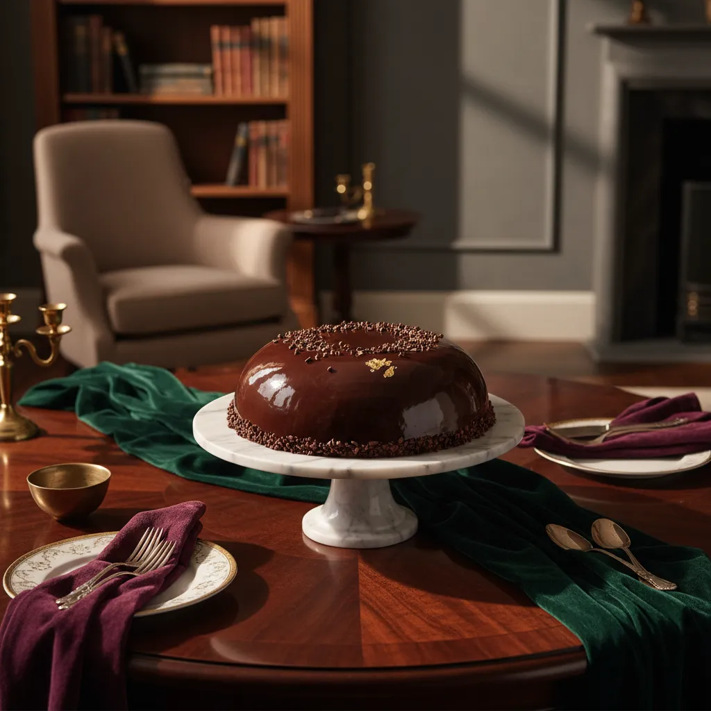 Glossy dark chocolate truffle cake on marble pedestal with velvet decor