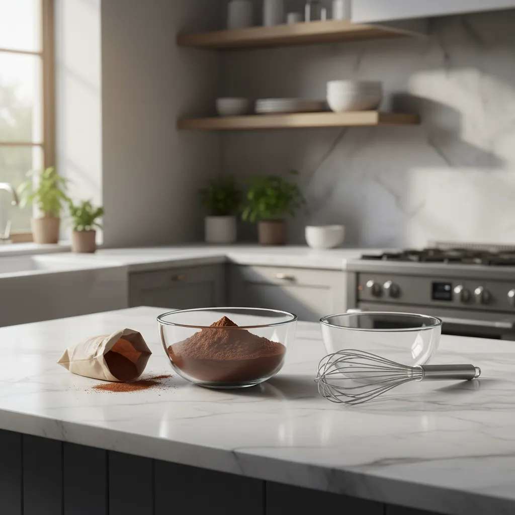 Organized kitchen baking station with marble countertops and glass bowls