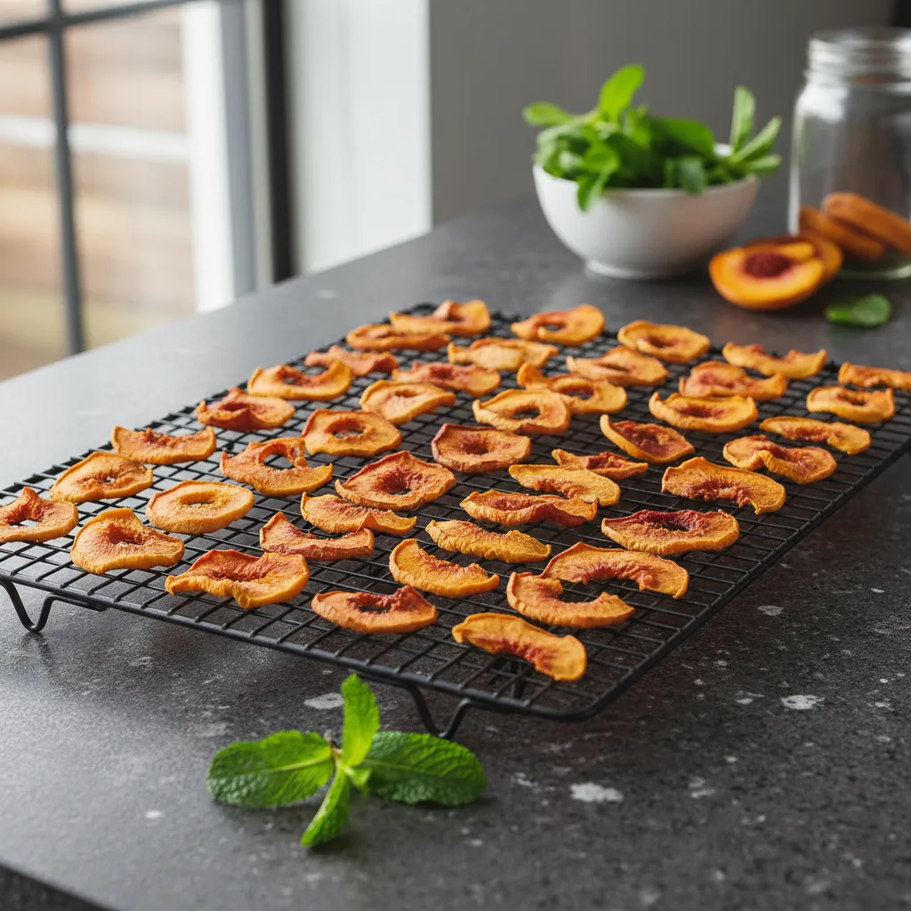 Thinly sliced dried peaches resting on a wire rack in a modern kitchen