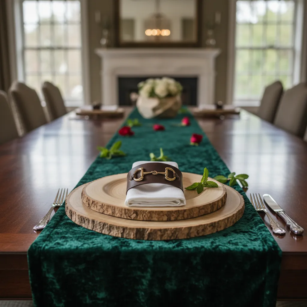 Close up of a dining table runner in green velvet with leather napkin rings