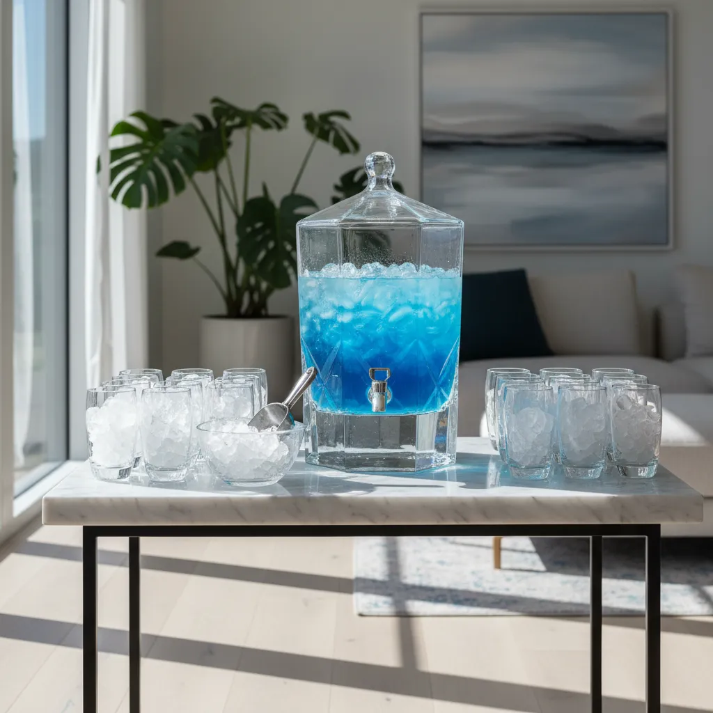 A vibrant blue Shark Attack Punch served in a crystal dispenser on a modern bar cart with designer lighting.