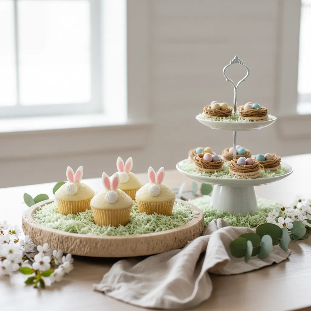 A professionally styled display of cute Easter desserts featuring bunny cupcakes and macaron bird nests on a wooden platter.